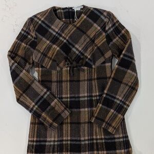 Acne Studios Delfin Plaid Wool Mini Dress Brown Ruffle Hem Size 40 US 6/8